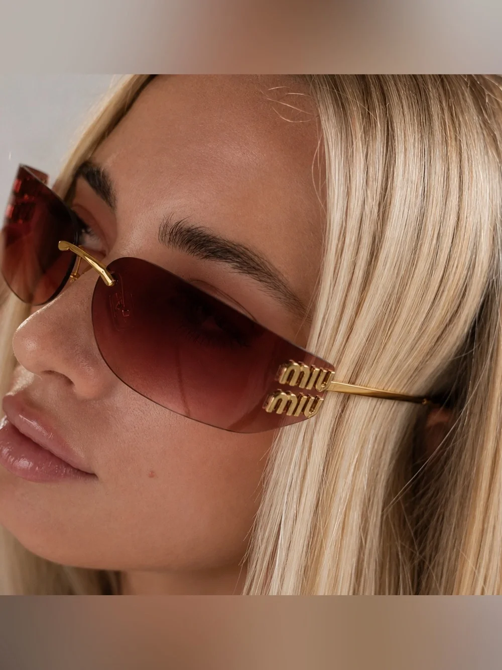 Brown Gradient Rimless Shield Sunglasses with Gold Logo Temples